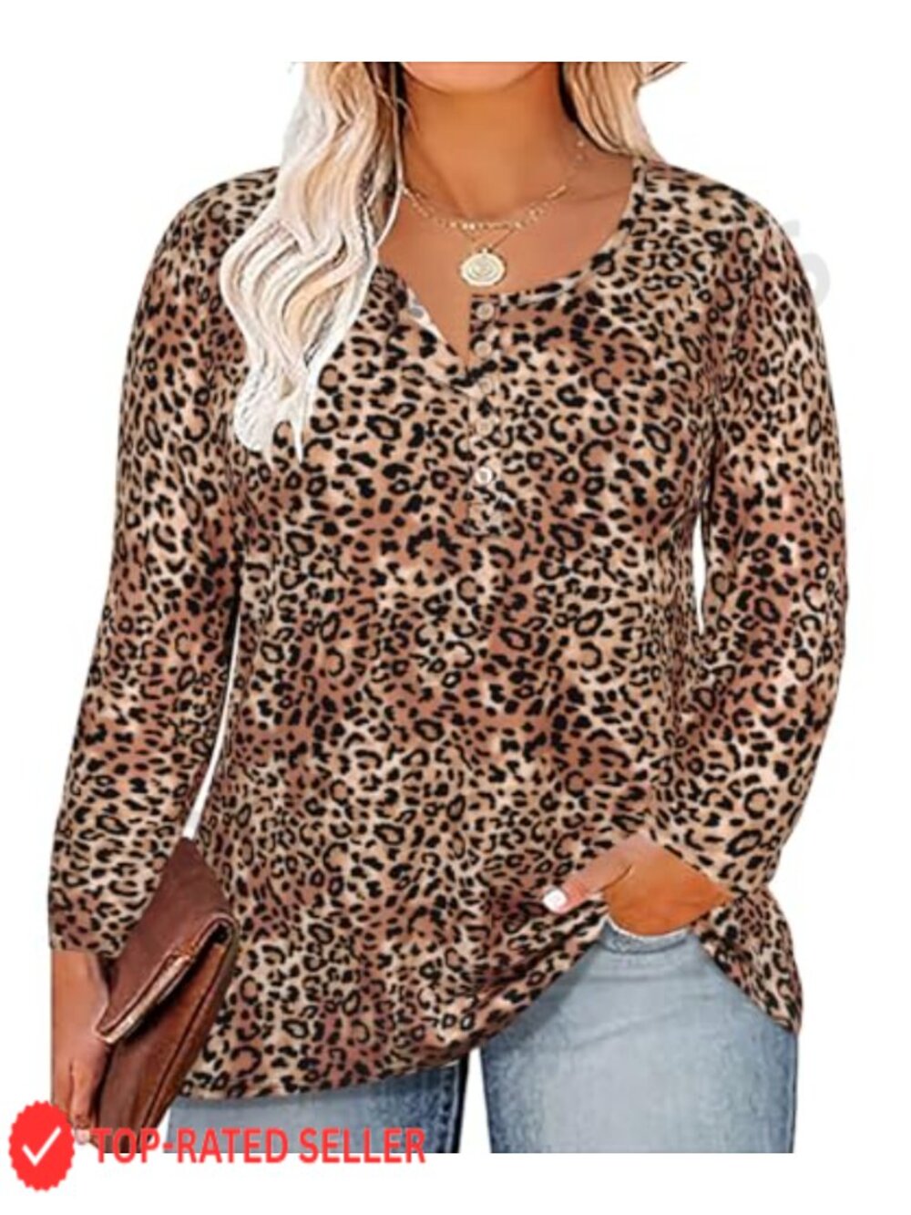 Plus Size Henley Tunic Long Sleeve Button Up Blouse Pullover
